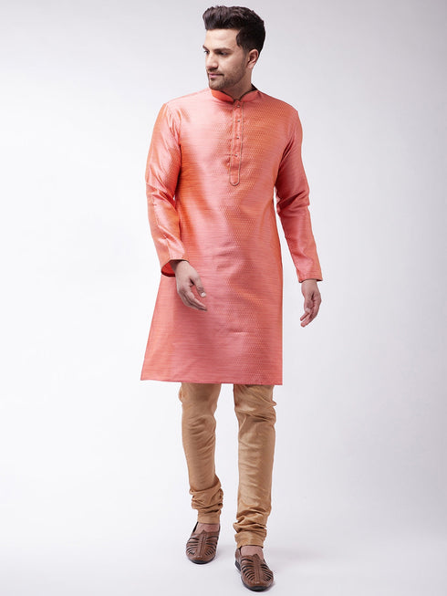 Vastramay Men's Pink And Rose Gold Silk Blend Kurta With Churidar Set